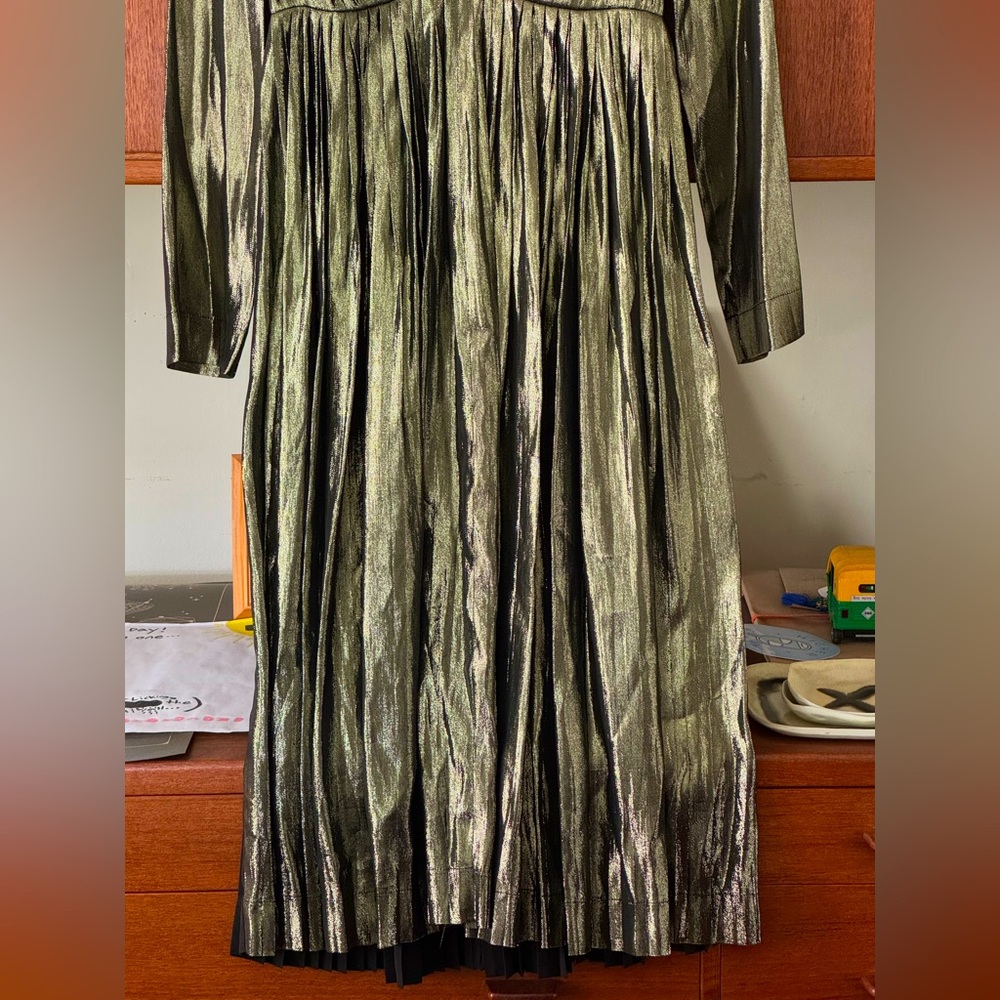 Loewe Shiny Pleated Lurex Midi Length Dress. Sweet shiny metallic olive green. - Picture 7 of 15